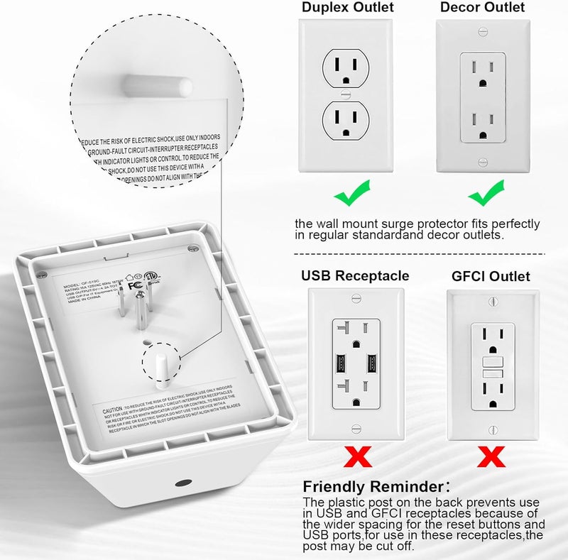 Lvetek Multi Plug Outlet Surge Protector - 3-Sided Power Strip with 5 Outlet Extender and 4 USB Ports(1 USB-C) and Night Light, USB Wall Charger for Home, Office, Travel, ETL Listed, White - Image 3